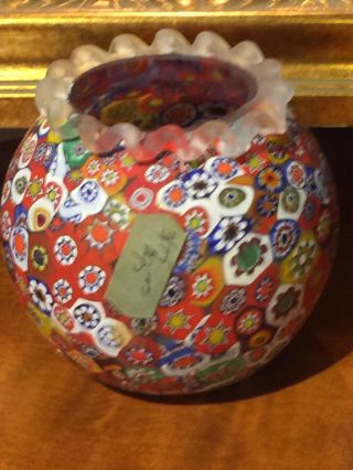 Vintage Murano Art Glass Millefiore Small Round Vase Ruffled Fratelli Toso Euc