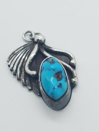 Vtg.  Authentic Native American Navajo Sterling Silver Turquoise Pendant - Signed