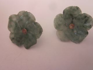 Vintage Marked (?) Carved Green Jade Flower Earrings Screw Japan
