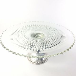 Vintage 1940s Sterling Cake Stand Diamond Pattern Glass Beaded Edge By Duchin