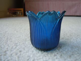 Vintage Blue Glass Tea Light Candle Votive Holder 2 5/8” Tall Tulip 2