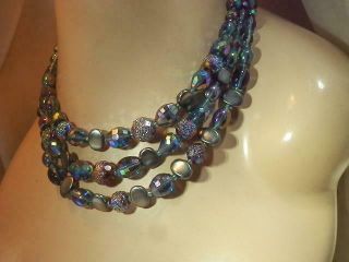 Blue AB Glass Vintage 1960 ' s Triple Strand Beaded Necklace 407F9 3