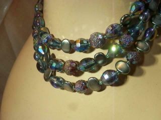 Blue AB Glass Vintage 1960 ' s Triple Strand Beaded Necklace 407F9 4