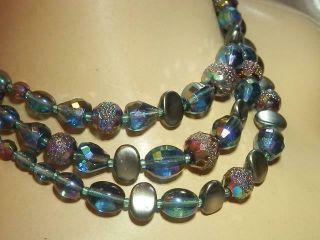 Blue AB Glass Vintage 1960 ' s Triple Strand Beaded Necklace 407F9 5