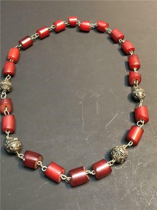 Vintage North African Morocco Berber Silver And Cherry Amber Link Necklace
