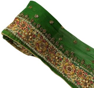 Vintage Saree Sewing Trim Indian Craft Border Beaded Embroidered Green Lace 2