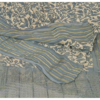 Sanskriti Vintage Grey Saree Pure Chiffon Silk Printed Sari Decor Craft Fabric