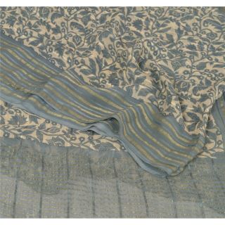 Sanskriti Vintage Grey Saree Pure Chiffon Silk Printed Sari Decor Craft Fabric 2