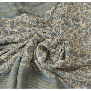 Sanskriti Vintage Grey Saree Pure Chiffon Silk Printed Sari Decor Craft Fabric 4