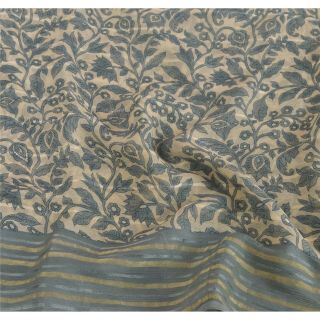Sanskriti Vintage Grey Saree Pure Chiffon Silk Printed Sari Decor Craft Fabric 5