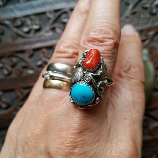 Vintage Sterling Silver Navajo Ring - Turquoise And Coral Set - Size N