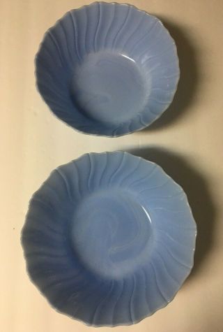 (2) Vtg 1930 ' s Jeannette Glass Petal Swirl Blue Delphite Serving Bowl Rimmed 9 