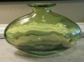 Vintage Spanish Large Blown Green Glass Bottle Vase 13.  5 " Wide,  9 " Tall Unique