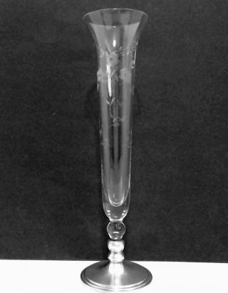 Cut Etched Glass 11 " Trumpet Vase Sterling Silver Base Vtg Mid Century Euc