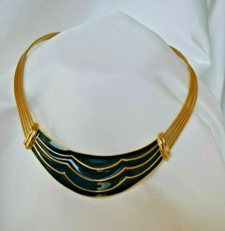 Vintage Trifari Blue Enamel Gold Tone Choker Collar Necklace