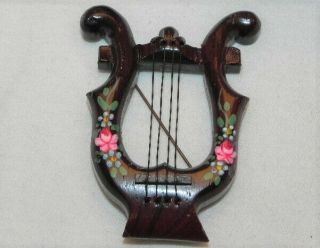 Vintage Hand Paint Rose Flower Wood Harp Pin Lyre Musical String Instrument