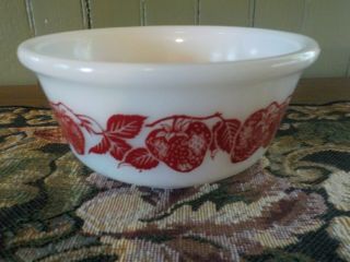 Vintage Milk Glass Bowl With Red Strawberry Pattern Hazel Atlas