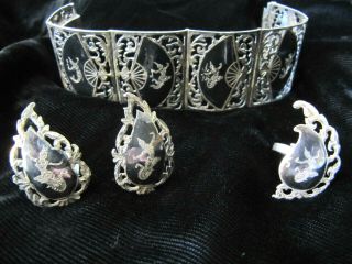 Vintage Siam Sterling Silver Enamel Niello Hinged Panel Bracelet Earrings Ring