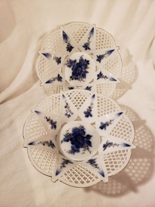2 Vintage Romania Porcelain Laced Basket Bowl Cluj Sumi Blue Floral Gorgeous