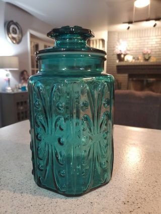 Vintage Le Smith Imperial Atterbury Scroll Teal Blue Glass Canister Jar - 9 "