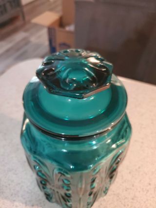 Vintage LE Smith Imperial Atterbury Scroll Teal Blue Glass Canister Jar - 9 