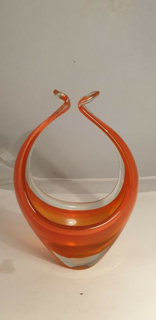 Vintage Retro Orange Cased Murano Studio Art Glass Basket Bowl