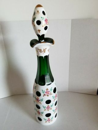Vintage Bohemian Green With White Floral Overlay Wine Decanter 16 " Tall