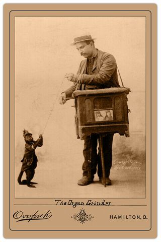 Organ Grinder & Monkey 1892 Vintage Photograph A,  Reprint Cabinet Card Cdv