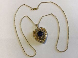 Vintage Art Deco Gold Filled Blue Rhinestone Locket Pendant Necklace Wf10