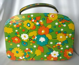 Vtg Suitcase Mod Green Orange Floral Carry - On Luggage Flower Power Zipper 1970s