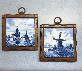 Vintage Delft Blue Ceramic Tile Wall Hanging Plaque Windmill Ships On Wood 5.  5 "