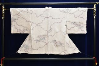 Vintage Silk Kimono Jacket:fully Shibori Light Grey Purple Bamboo/cloud@yk33