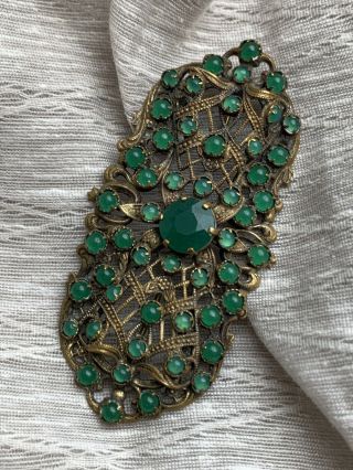 Art Deco Vintage Czech Green Moonstone Glass Large Impressive Brooch
