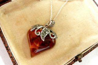 Vintage Jewellery Silver Amber Marcasite Heart Pendant Necklace