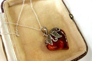 VINTAGE JEWELLERY SILVER AMBER MARCASITE HEART PENDANT NECKLACE 2