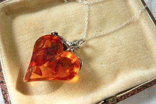 VINTAGE JEWELLERY SILVER AMBER MARCASITE HEART PENDANT NECKLACE 3