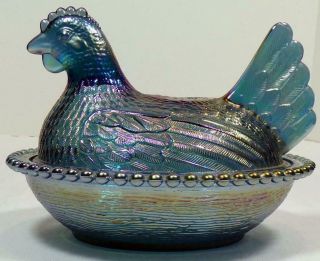 Vintage Iridescent Blue Carnival Glass Chicken On A Nest Hen Covered Dish