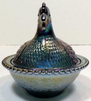 Vintage Iridescent Blue Carnival Glass Chicken on a Nest Hen Covered Dish 2