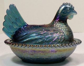 Vintage Iridescent Blue Carnival Glass Chicken on a Nest Hen Covered Dish 3