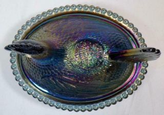 Vintage Iridescent Blue Carnival Glass Chicken on a Nest Hen Covered Dish 5