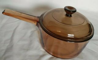 Vintage Pyrex Corning Vision Ware Glass Sauce Pan Pot Amber Brown 1L w/ Lid V1C 2