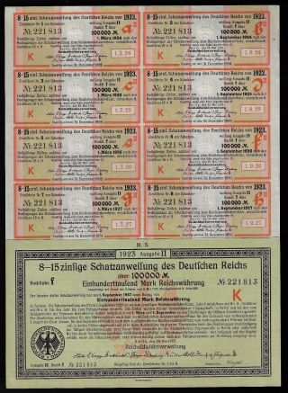 Vintage German 100,  000 Marks Bond 1923 W/ All Coupons 5