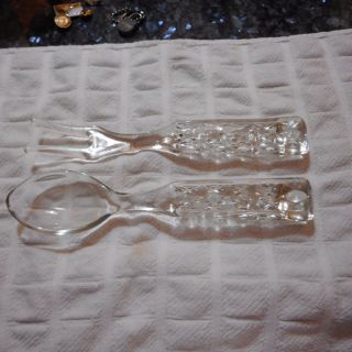 Vintage Large Solid Quilted Glass Salad Serving Spoon And Fork