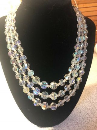 Vintage 3 Strand Aurora Borealis Crystal Necklace 15”