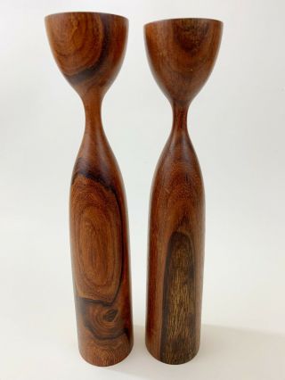 2 Vintage Danish Modern Rosewood Candlesticks Modernist Turned Wood Holders