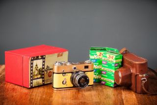 Boxed Gold Painted Fed - 3 35mm Rangefinder Camera W/ 6 Rolls Of Film And Case