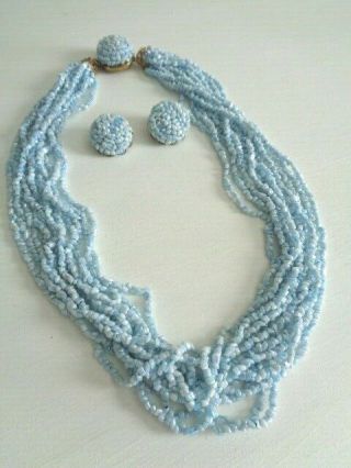 Vintage Multi - Strand Light Blue Tiny Glass Beads Necklace / Clip On Earrings Set