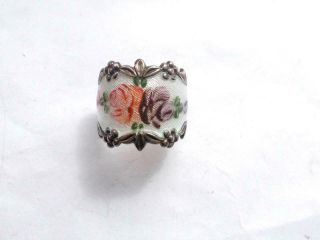Vintage Art Deco Sterling Silver Guilloche Enamel Purple Pink Rose Buds Ring