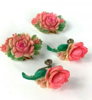 Vintage Jewelry Set Rose Flower Brooch Pin Earrings Pink Plastic Japan