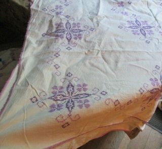 Vintage Tablecloth Linen Embroidered Purple W/ Table Runner Country Cottage
